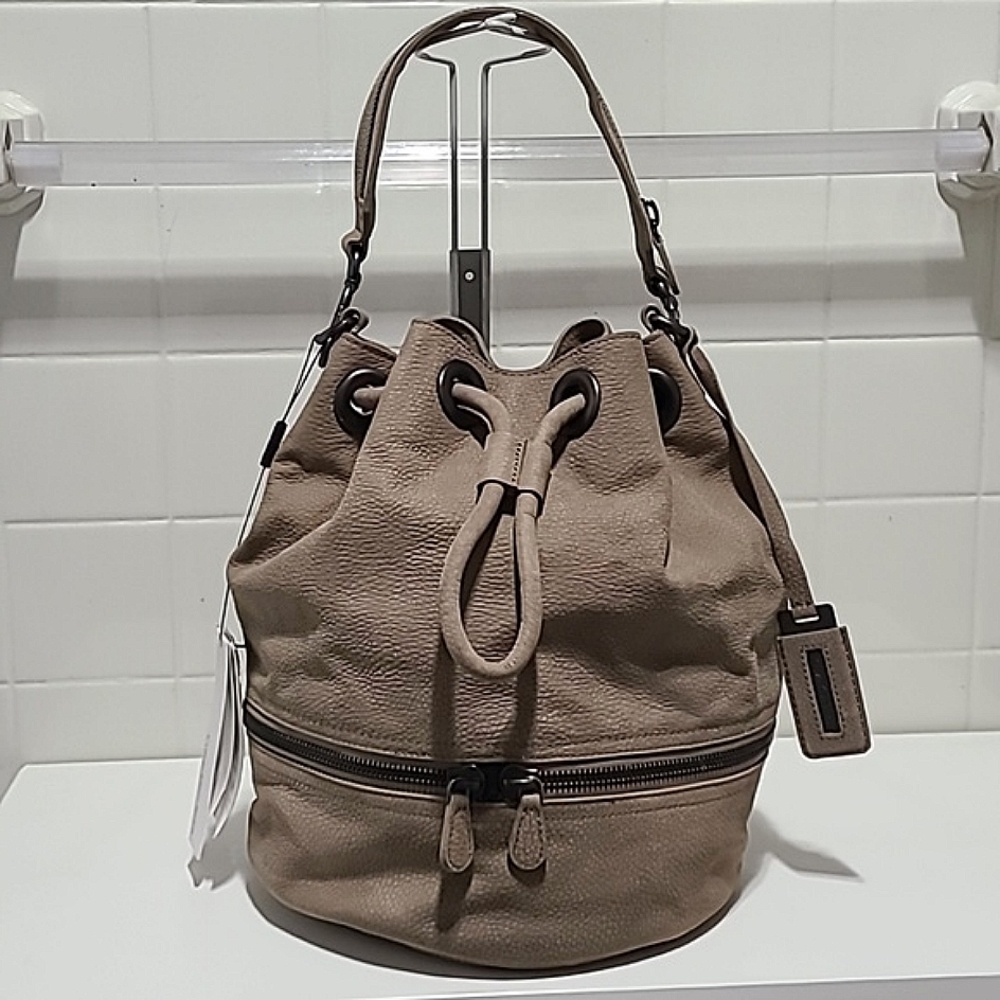 Calvin Klein Duffel bucket bag 100% leather suede 13X15X10.5 dark tan  u…